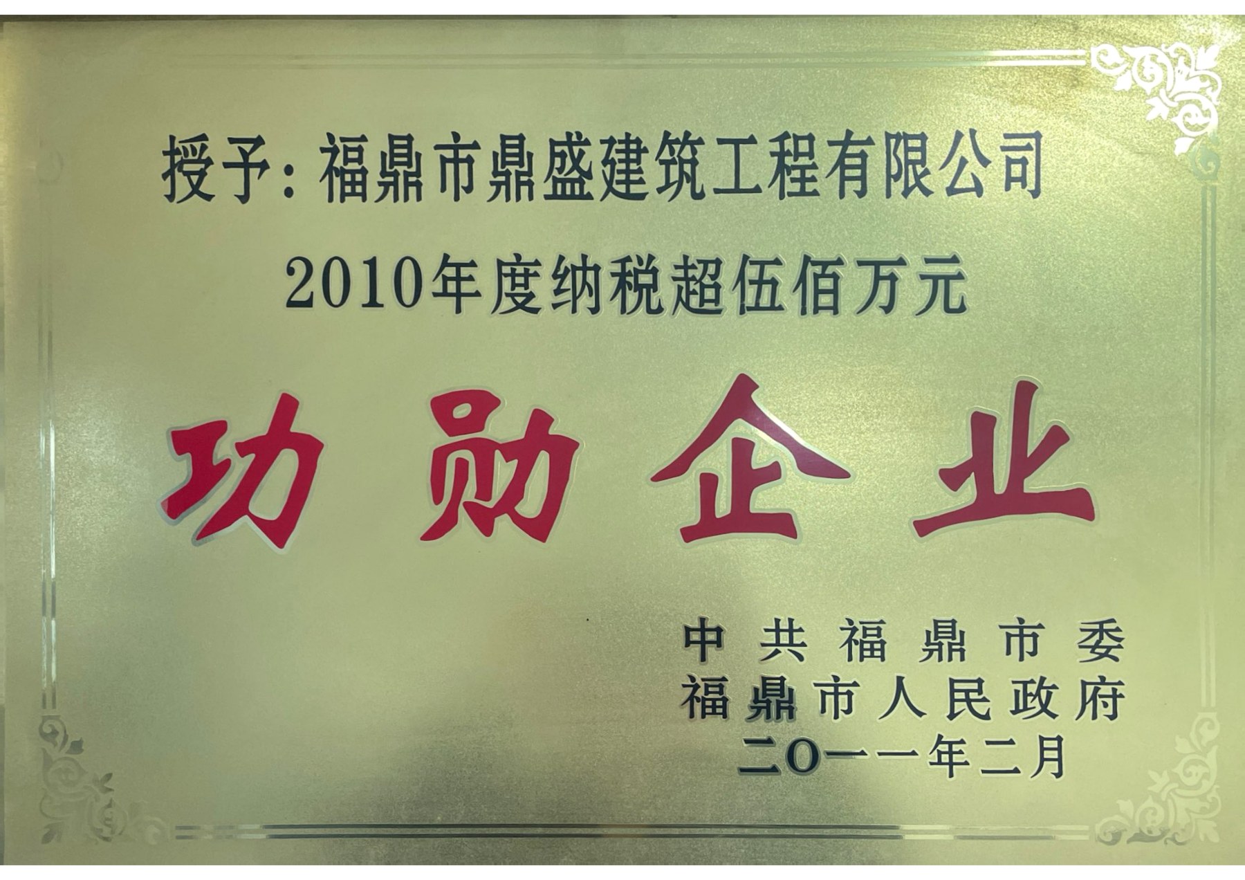 2010年度纳税超伍佰万元功勋企业